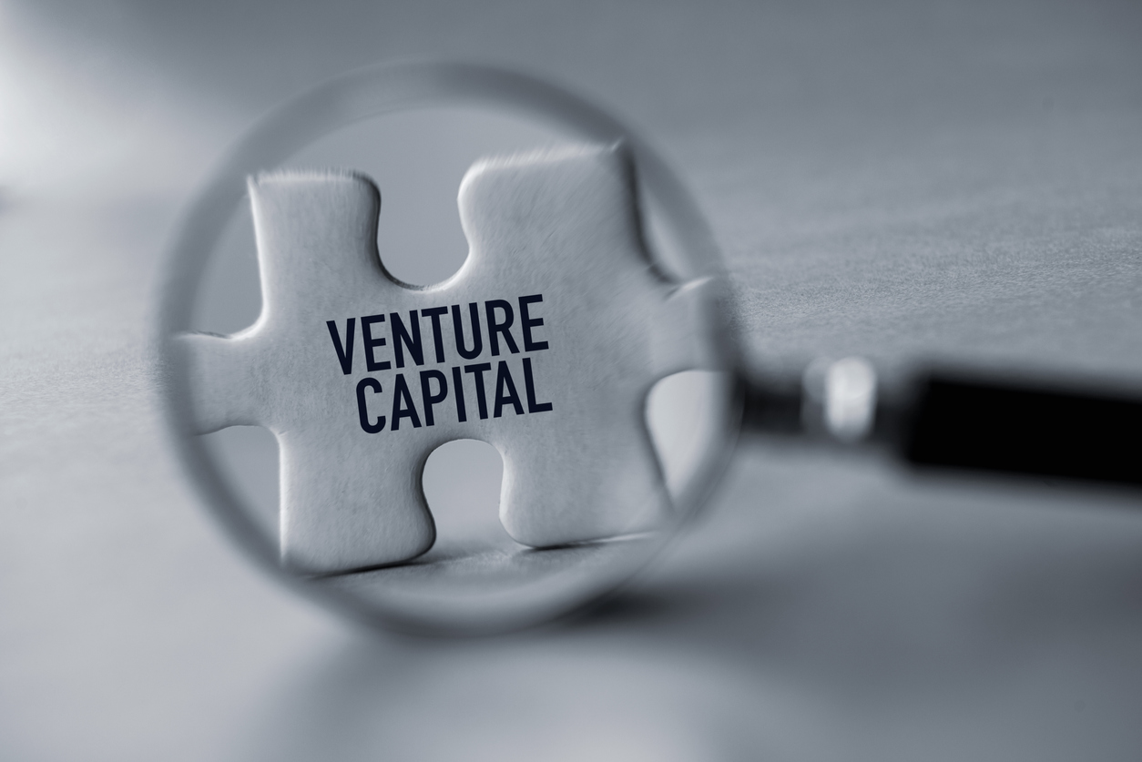 Image of a magnifying glass over the words "Venture Capital" written on a puzzle piece.