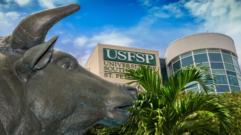 Image of a bull statue from University of South Florida St. Petersburg, and the facade of a building for the Unviversity.