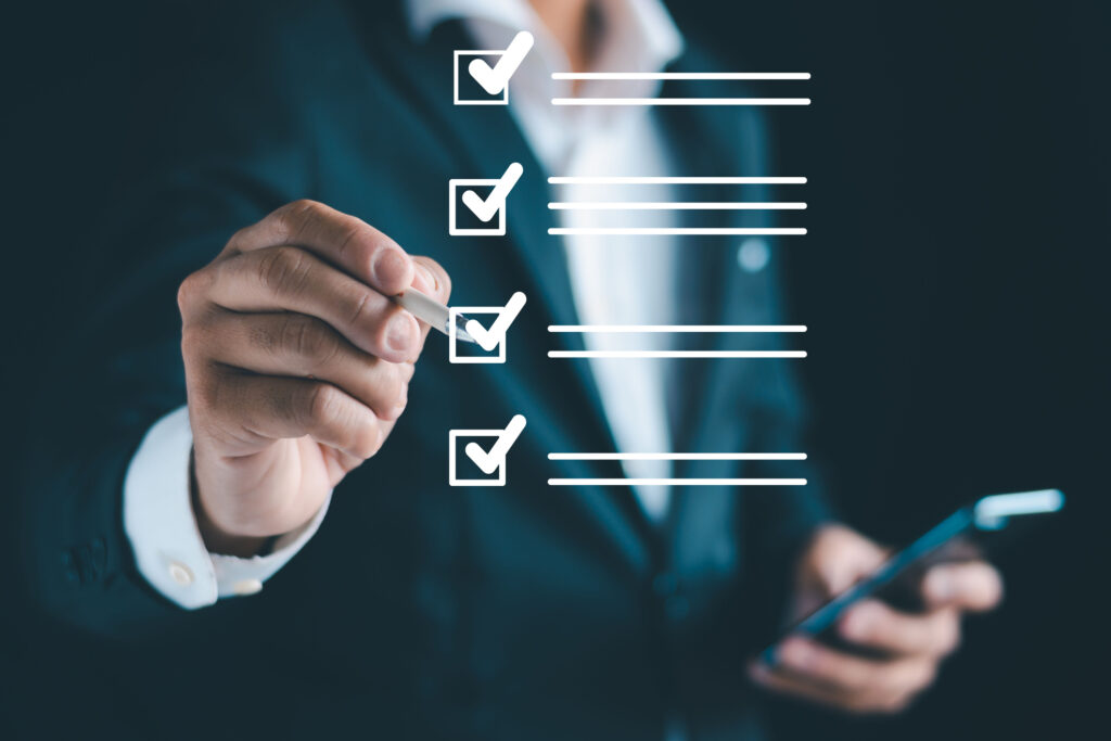 Business performance checklist, businessman using smartphone, taking survey, online checklist, filling out checklist, digital form